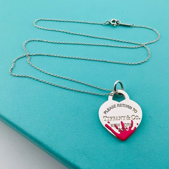 Return To Tiffany Pink Enamel Splash Heart Necklace
